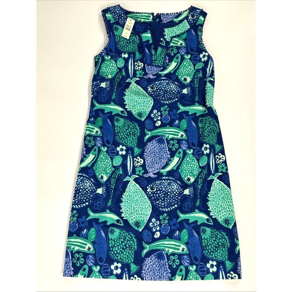 Talbots Dress Womens 2P Sleeveless Blue Fish Stretch Tropical Lined Fringe NEW